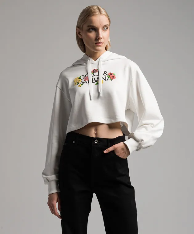 Dolce&Gabbana Felpa corta bianca con stampa logo floreale F9R58ZGDCBG